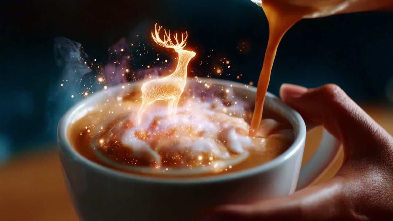 Magical Latte Art: Enchanting Deer Appears in Creamy Coffee, Creating a Whimsical Scene That Blends the Aroma of Fresh Brewed Beverage with the Wonder of Imagination and Artistry