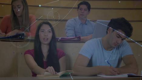 students in lecture hall with scientific data processing animation over them