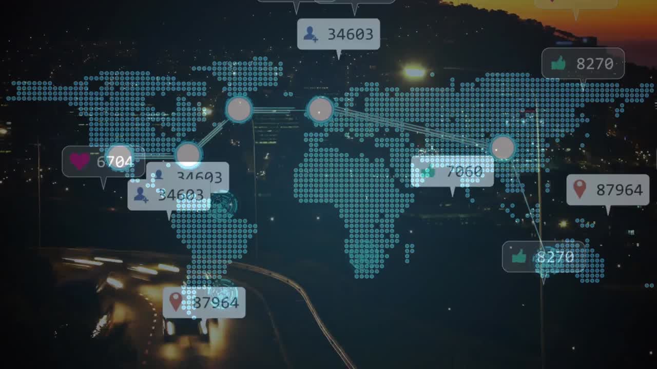 animación de iconos de redes sociales y mapa del mundo sobre el paisaje urbano
