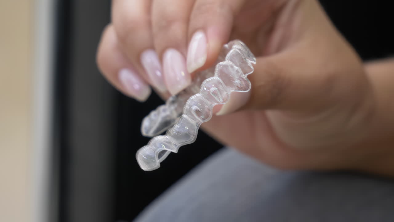 투명한 세부 사항을 보여주는 invisalign aligner를 손으로 가까이 들고 있습니다.