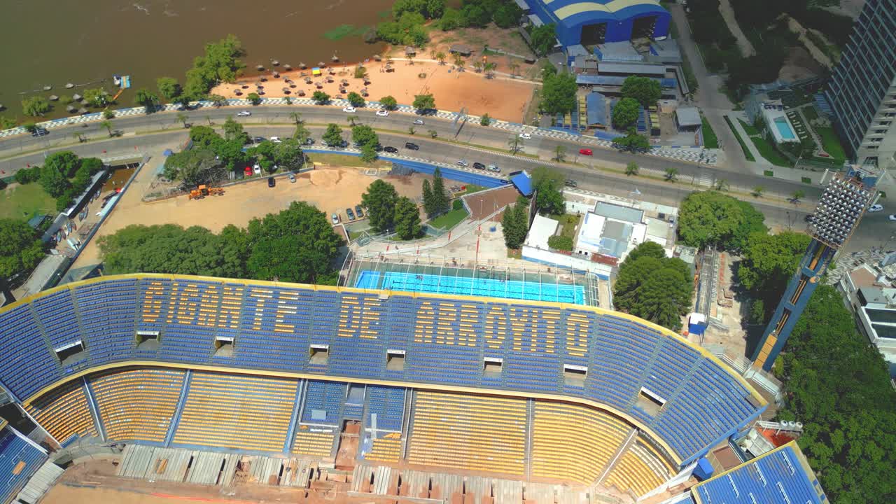 아르헨티나 주 로사리오 산타페 지방에서 드론으로 촬영된 도시 항공 사진, 파라나 강의 모습, 로사리오 중앙 지겐테 데 아로이토