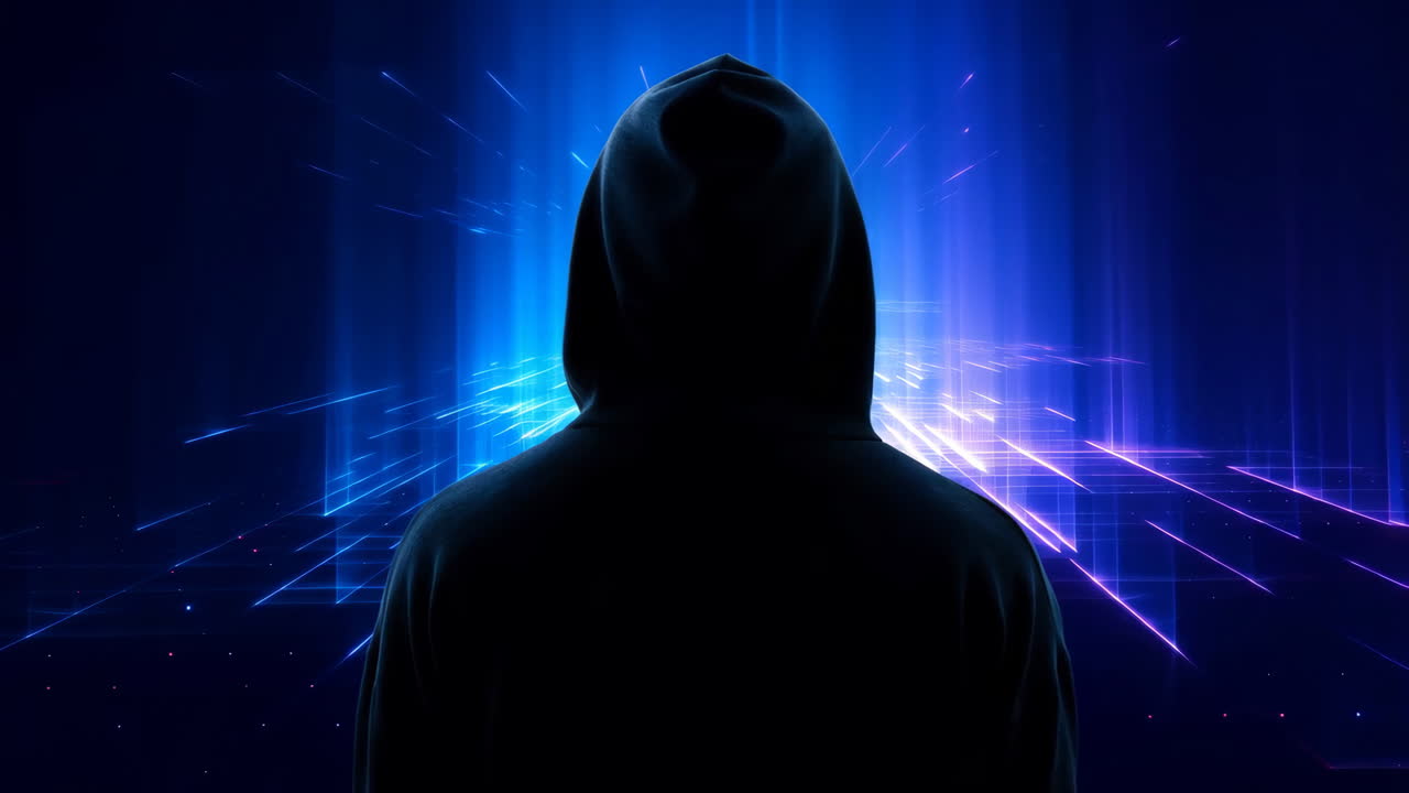 Anonymous Silhouette in a Hooded Sweatshirt Against a Digital Background