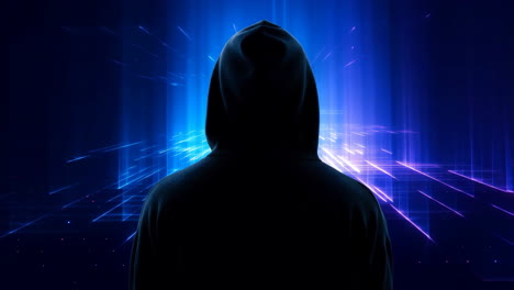 anonymous silhouette in a hooded sweatshirt against a digital background