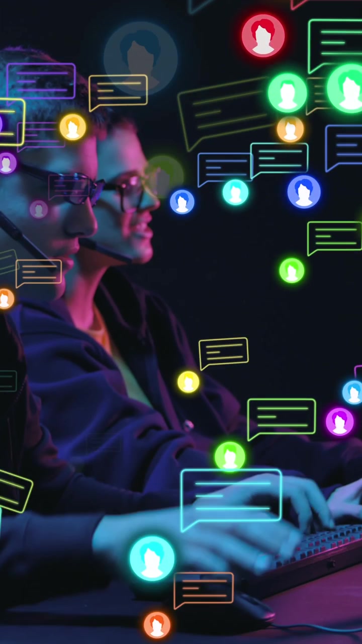 Animation of social media icons and data processing over business people using computers