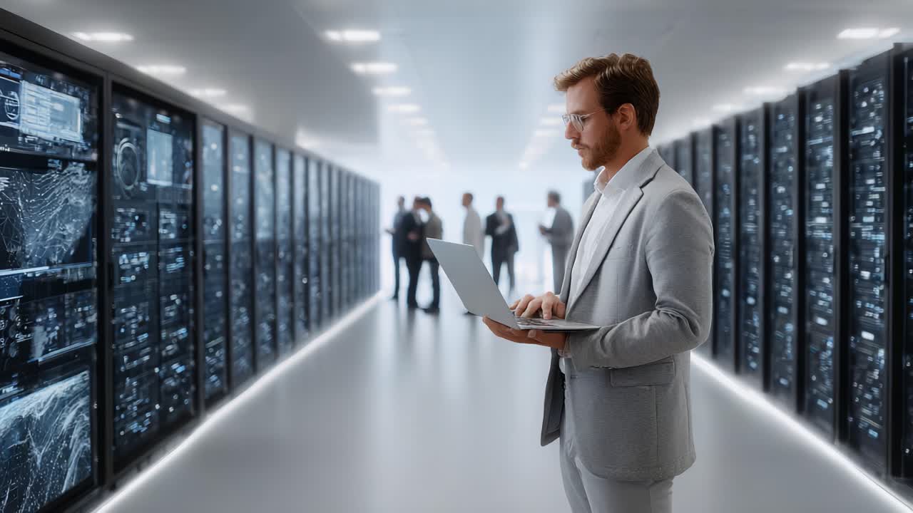 En professionel i et moderne datacentrum analyserer informationer på en bærbar computer, omgivet af serverracks og kolleger, der er involveret i en diskussion