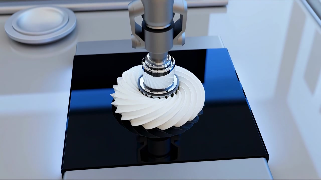 Close-up motion of chrome chuck progressively engaging white helical impeller seated on glossy black platform, showing clamp tightening, micro positioning, reflective surfaces, cool lighting, and
