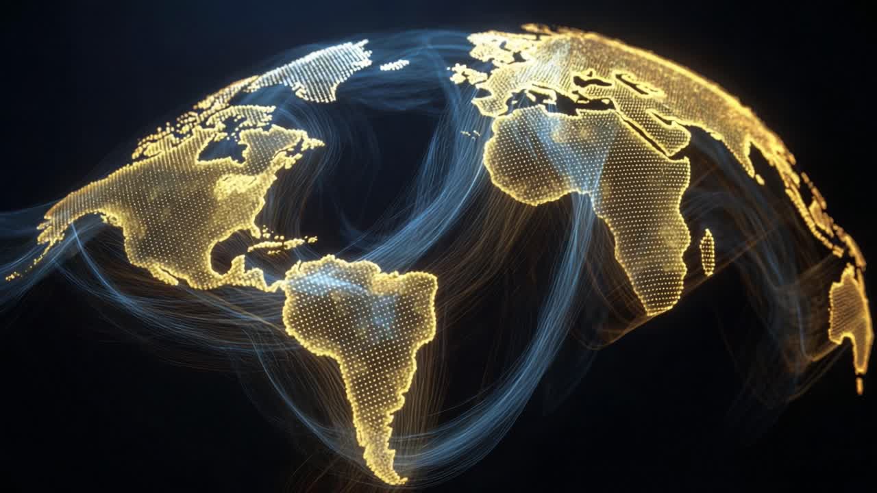Futuristic digital animation of a golden particle world map with continents glowing. Surrounded by blue light trails representing global data streams. Network connections. And international commerce