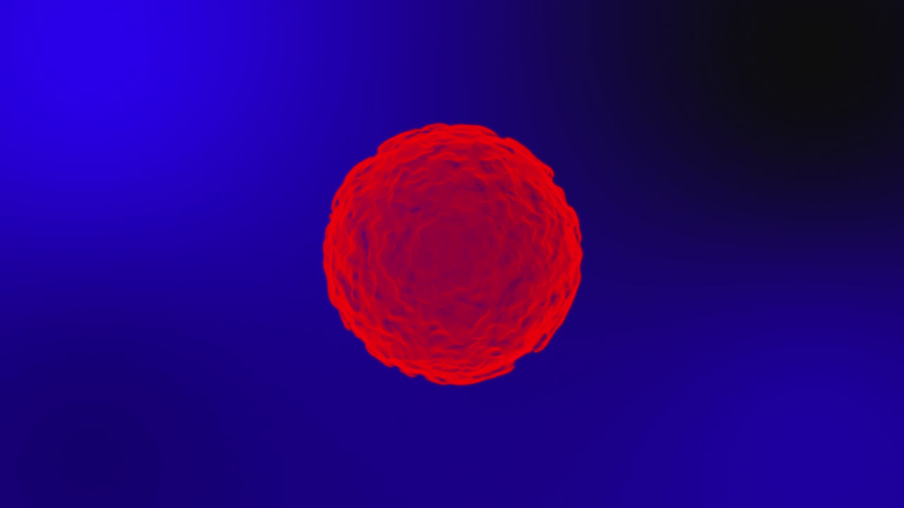 Seamless loop Abstract red glowing sphere particles wavy shape. Motion blue background.
