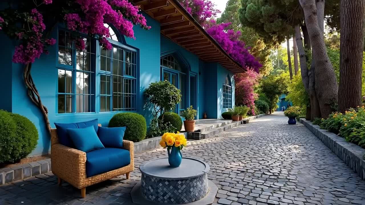 A blue house with a blue couch and a blue chair in front of it