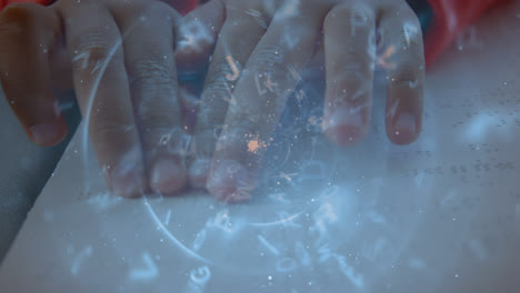 alphabets floating and spinning against close up of hands reading a book in braille