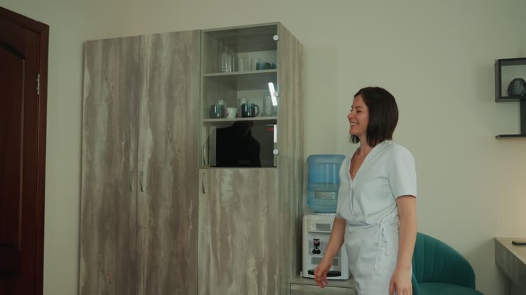 black therapist prepares treatment room calmly. soft lit spa corner with water dispenser and wooden storage, therapist checks phone and appointment list while seated at desk, arranges towels