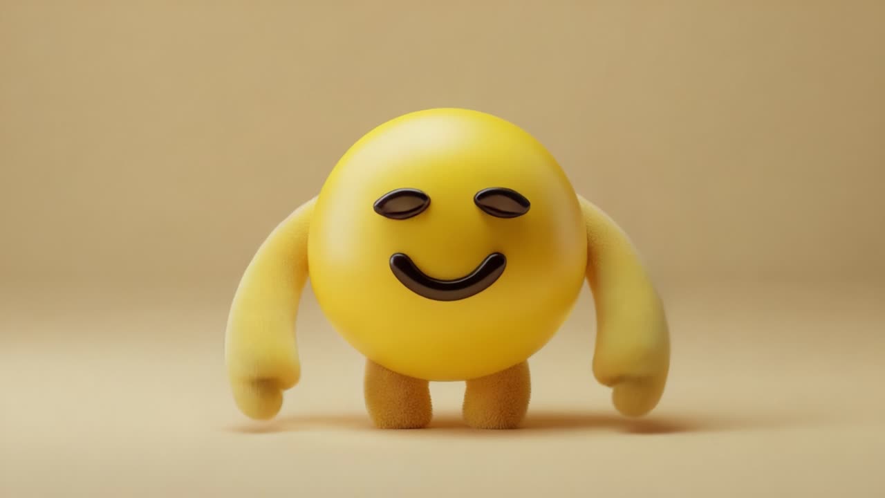 A playful and cheerful yellow emoji character, featuring soft texture and expressive eyes, evolving from a smiling pose to a friendly and joyful stance, embodying positivity and happiness