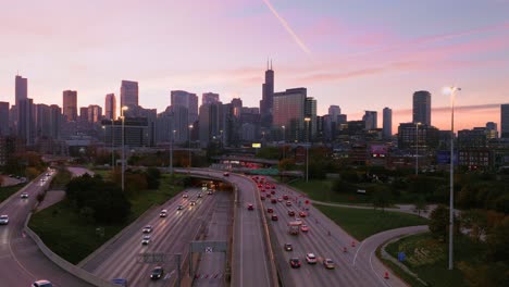 downtown chicago aerial view of morning commute traffic