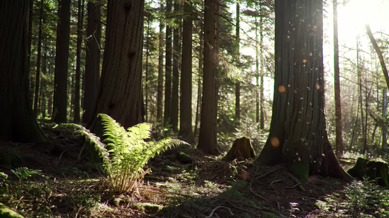 A serene sunlight-drenched forest scene showcasing lush ferns and towering trees, highlighting the beauty of nature and the tranquility found within a vibrant woodland ecosystem