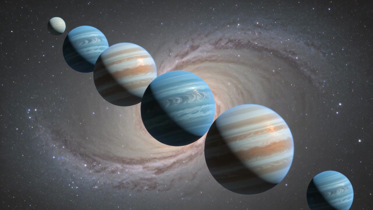 Playback starting diagonal six banded gas giants sliding rightward across spiral core, moon leading