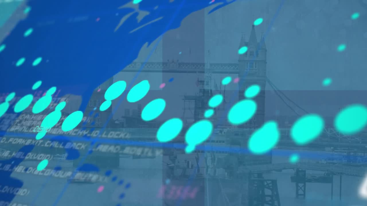 런던 브리지의 공중 전망에 대한 세계 지도 위의 데이터 처리 애니메이션