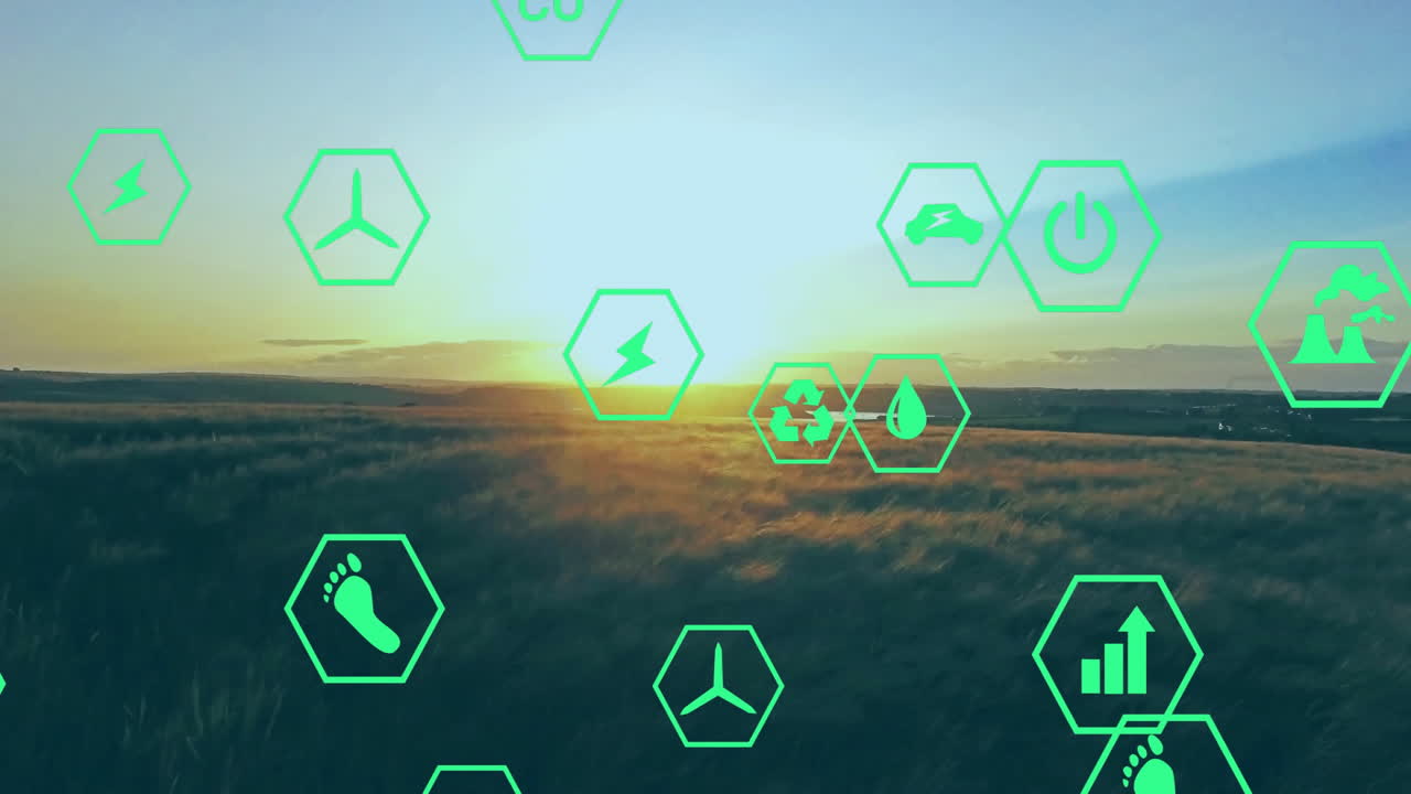 Green hexagon icons hovering over grassland at sunset, glowing with energy and recycling symbols