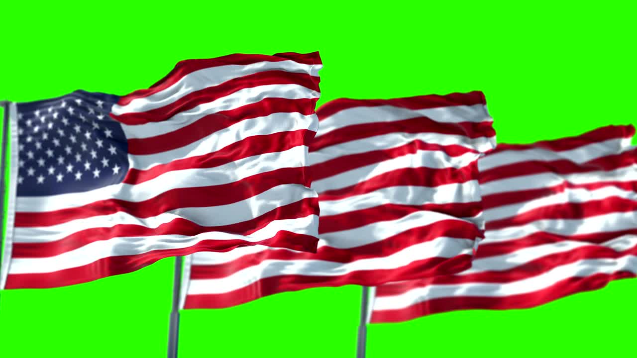 tres bandera estadounidense con poste, estrellas y rayas, estados unidos de américa en verde clave de croma