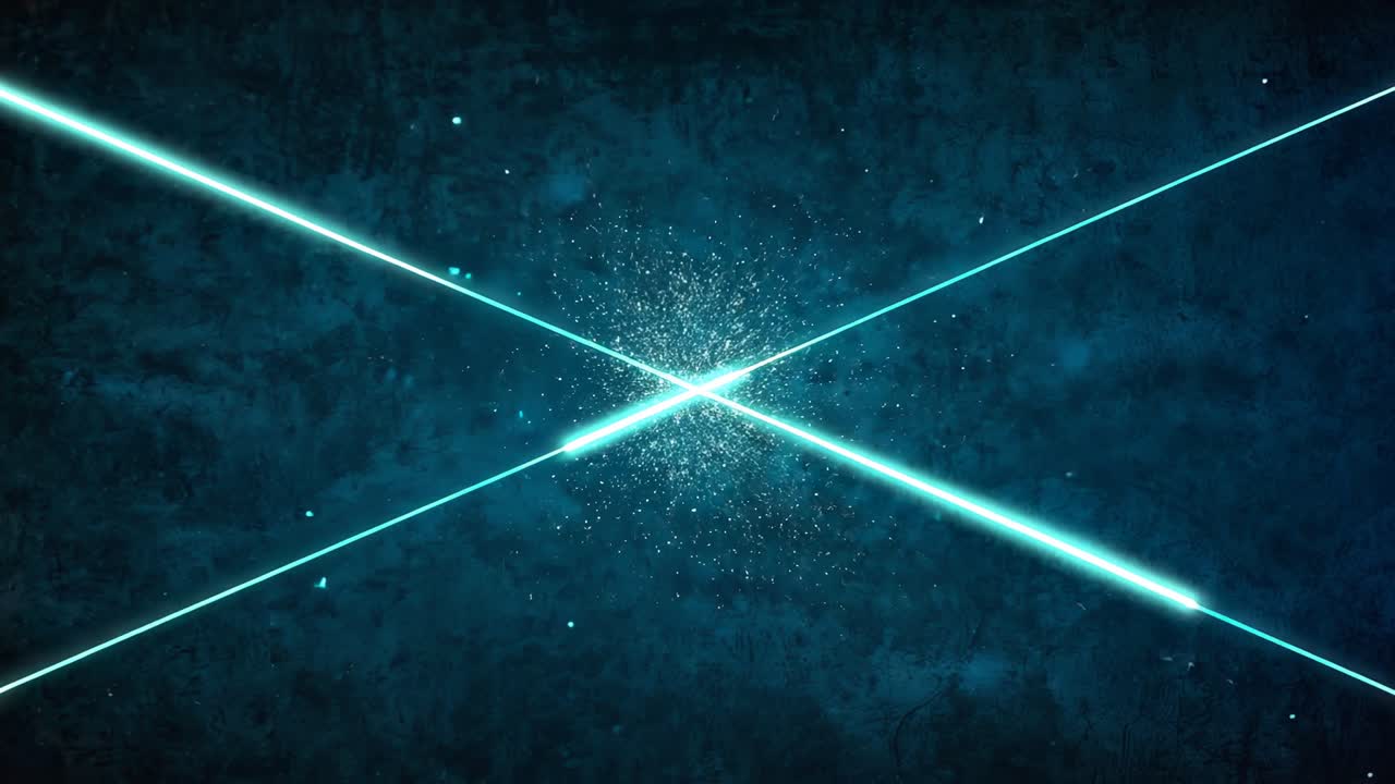 Flickering beams emerging diagonally, converging at center, pulsing particle burst on teal backdrop