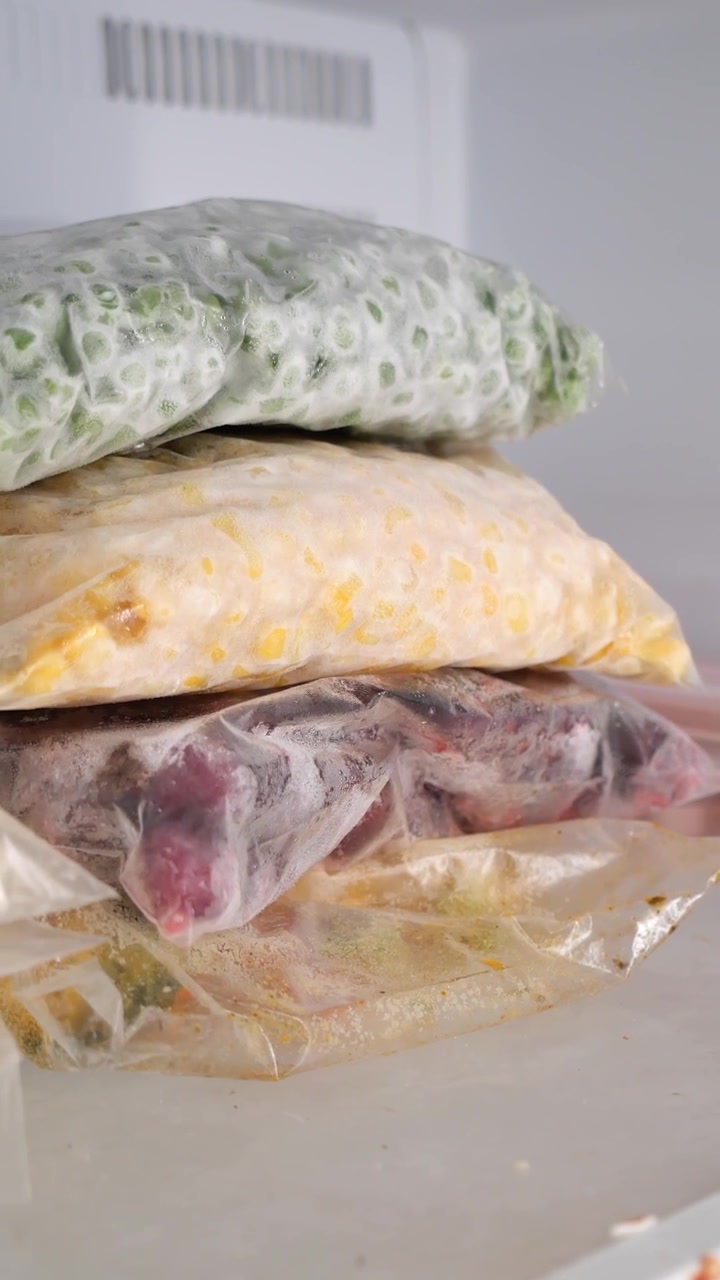 Sacchetti impilati di verdure e carne congelate nel congelatore