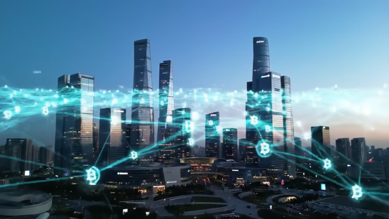 A Captivating View of a Modern Skyline Merging with Blockchain Technology, Highlighting the Future of Financial Systems and Urban Development in a Digital Age