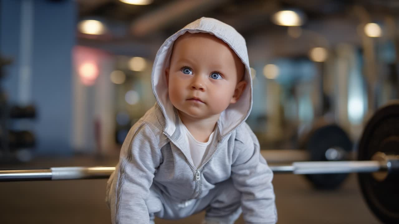 Søt baby i treningsklær som viser styrke og besluttsomhet mens den bruker en vektstang i et treningsmiljø, utstråler selvtillit og gledefull energi