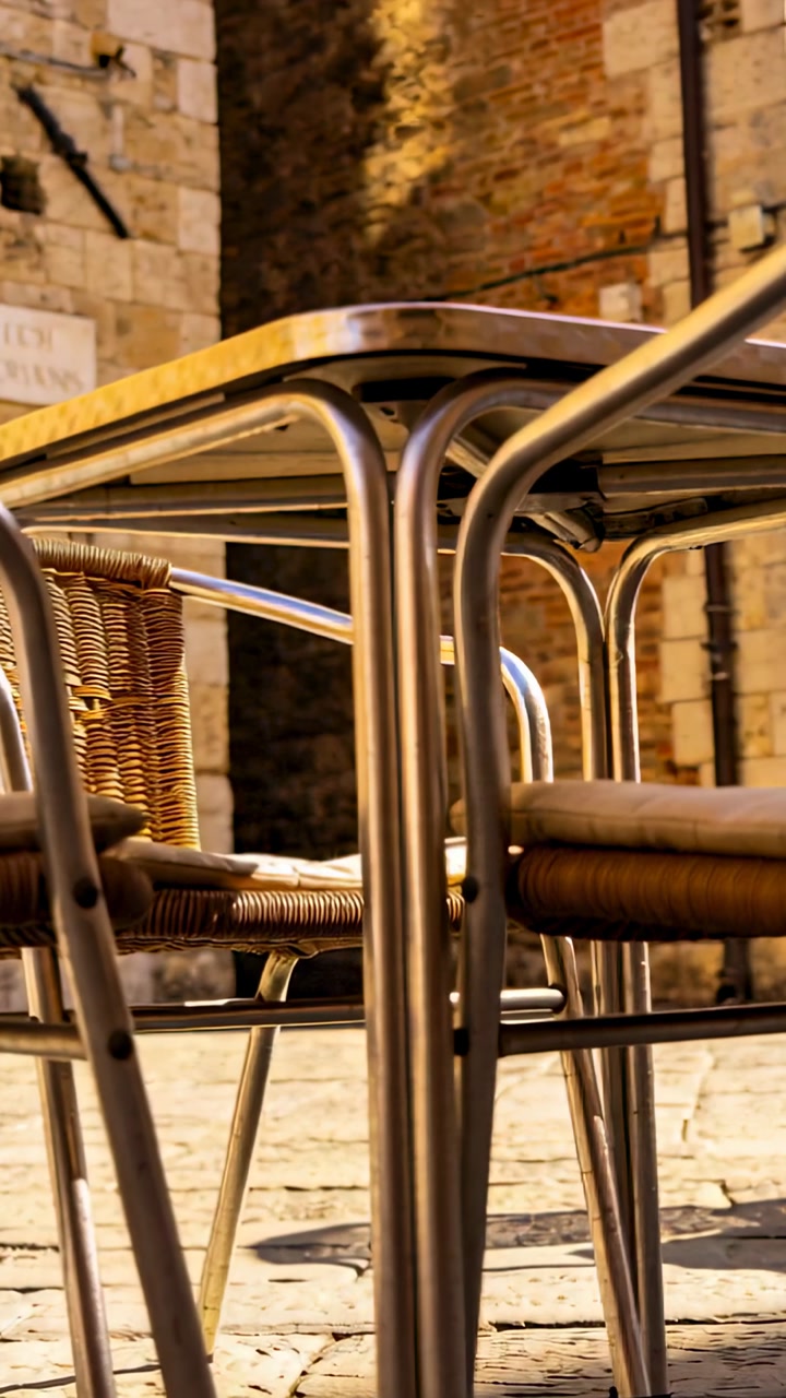 Vertical video: Camera sliding low revealing stacked cafe chairs and woven seats on paving for cafe
