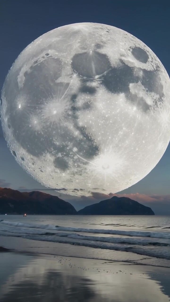 Vertikales Video: Rollende Wellen, vom Wind auf nassen Sand getrieben, bei Dämmerung, die einen riesigen Vollmond spiegeln