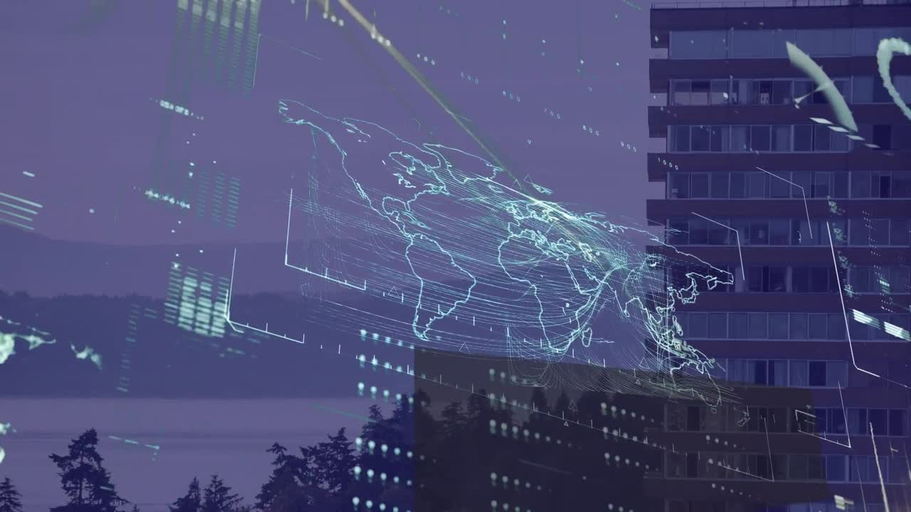 Animation of world map with data processing over cityscape