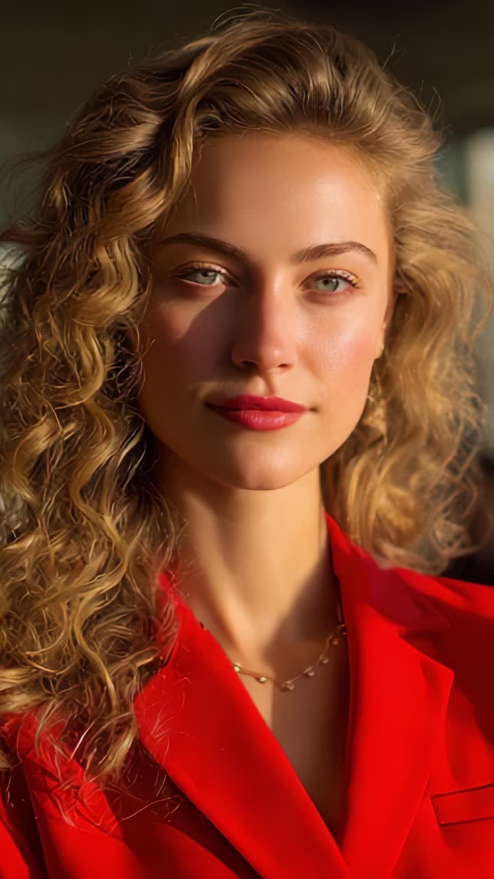 Ritratto accattivante di una giovane donna con incantevoli capelli ricci e lineamenti sorprendenti, vestita con un audace abito rosso su uno sfondo leggermente illuminato
