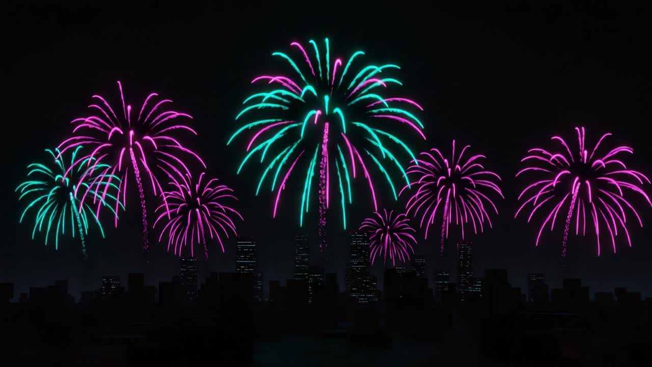 Vibrant Atmospheric Display of Colorful Fireworks Lighting Up the Night Sky Over a City Skyline, Showcasing Dramatic Pyrotechnic Artistry and Celebration Vibes