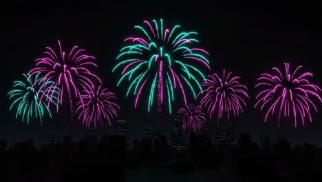 vibrant atmospheric display of colorful fireworks lighting up the night sky over a city skyline, showcasing dramatic pyrotechnic artistry and celebration vibes
