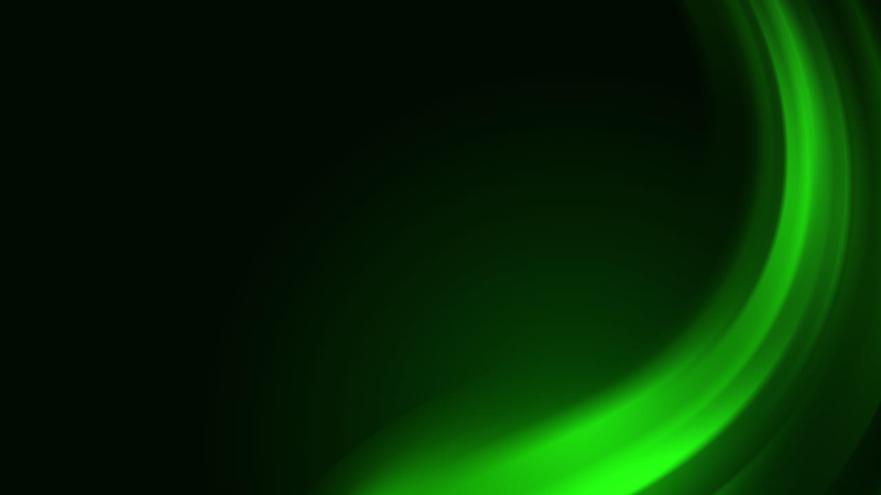Green curved glowing ribbon arch on black background. Abstract looped animation. Dynamic decorative neon glow.