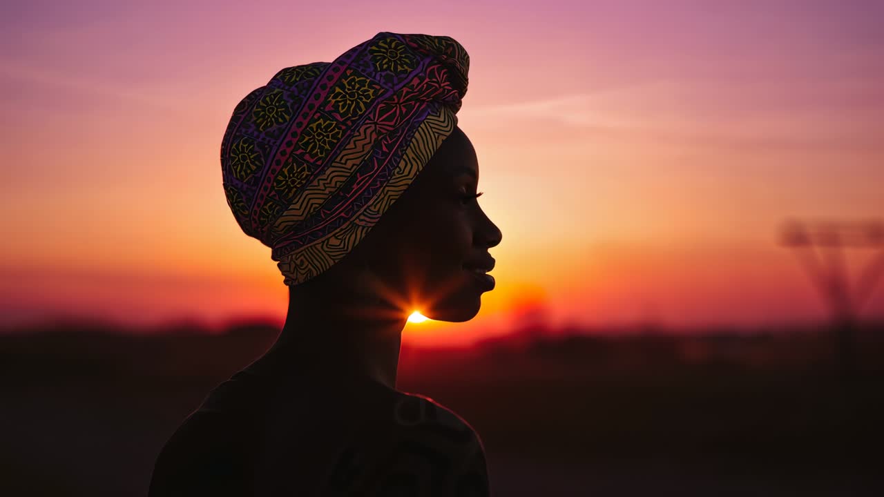 Standing woman in profile as sun dipping, raising right hand and adjusting colorful headwrap