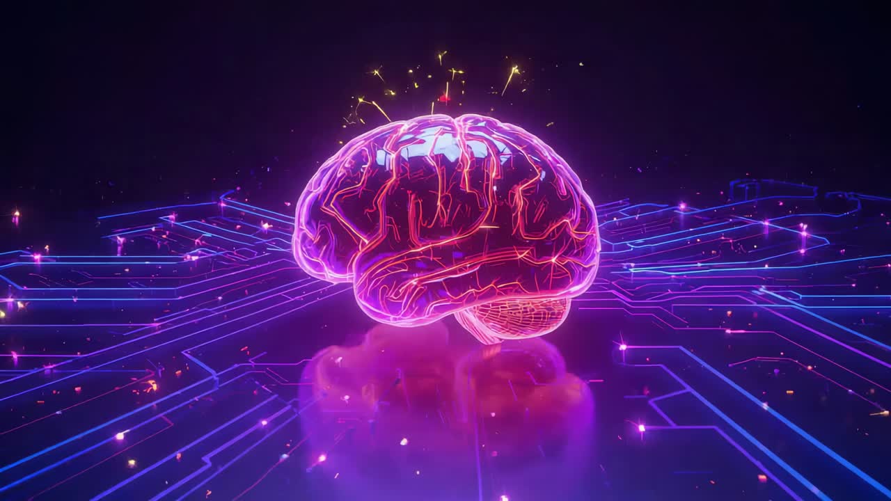 Pulsing neon brain hovering above platform on tech floor with gold sparks rising, powering circuits