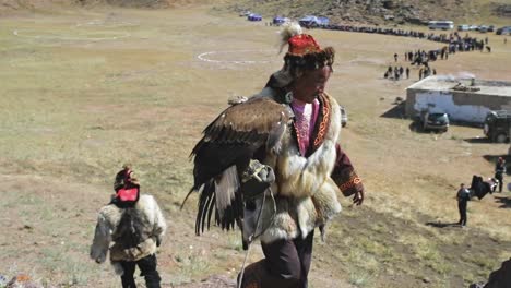 nomadic kazakh eagle hunter with golden eagle at mongolian golden eagle festival