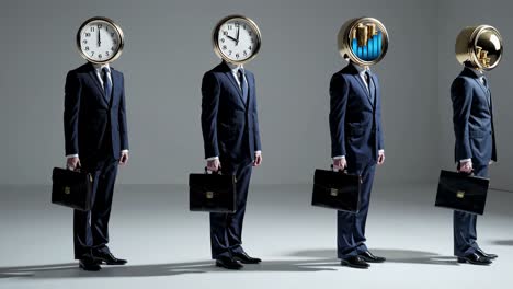 businessmen with clock heads representing time and finances