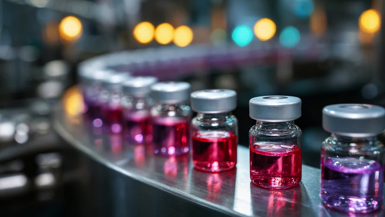 A Close-Up View of Colorful Glass Vials on a Production Line, Showcasing Liquid Cosmetics in Red and Purple Hues, Perfectly Arranged in Sequence Under Soft Industrial Lighting