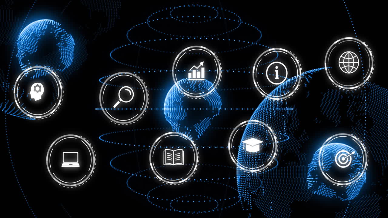Animation of digital icons and data processing over globes