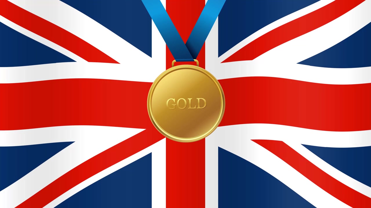 Bandiera Union Jack animata che sventola dietro una medaglia d'oro con nastro blu in loop continuo