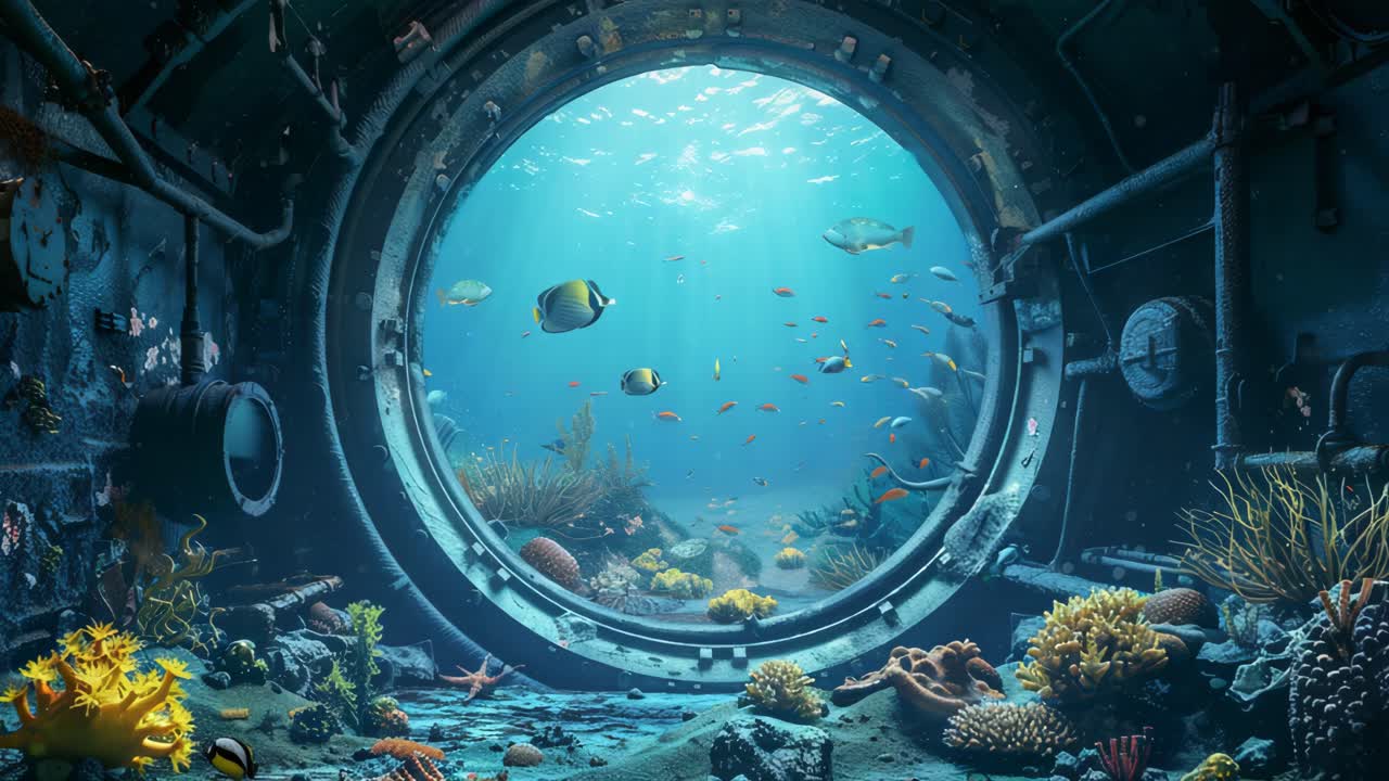 Porthole View of an Underwater Coral Reef