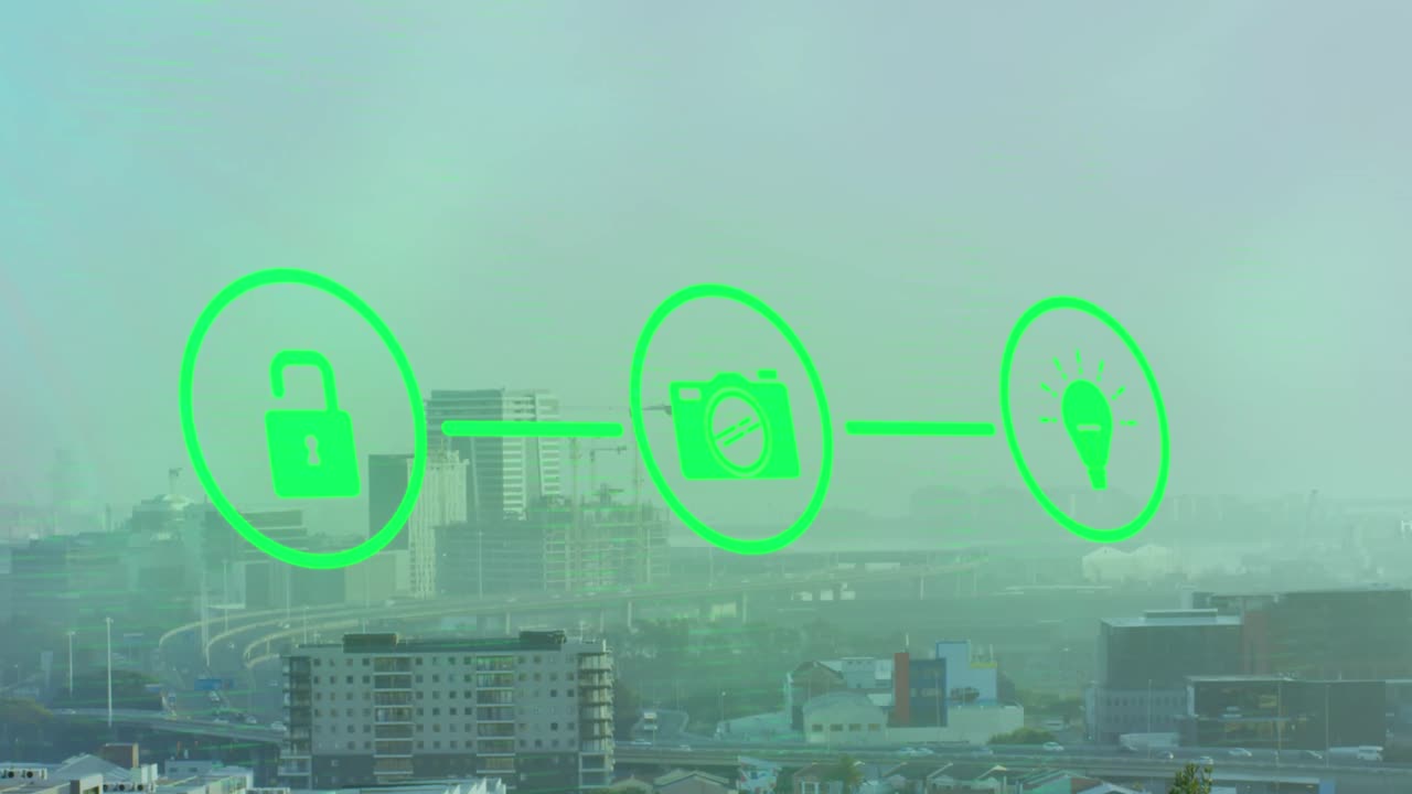 디지털 아이콘의 네트워크의 애니메이션 도시 풍경의 공중 뷰에 대하여