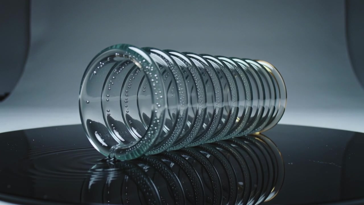 Glass Spring Object Rotating on Reflective Surface