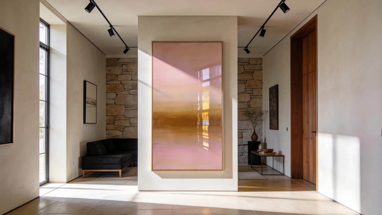 Luce solare che scorre dalla finestra sinistra, scivolando su un dipinto rosa-oro sul divisorio nell'ingresso, con il sole in movimento.