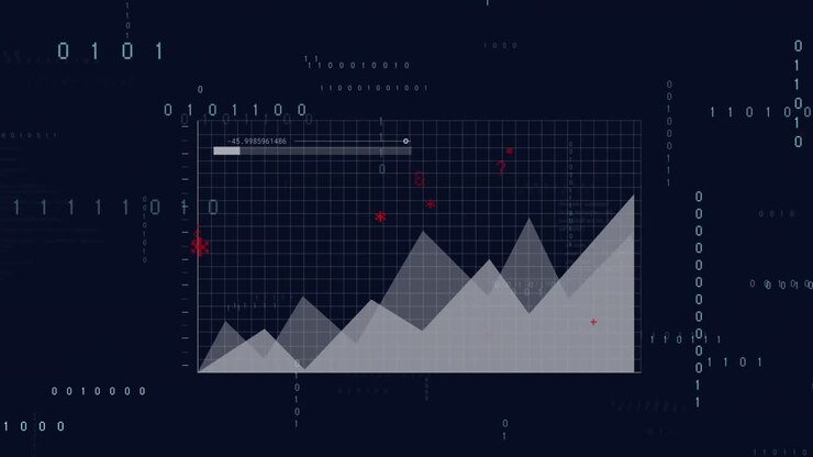 Animation of data processing over screen on dark background