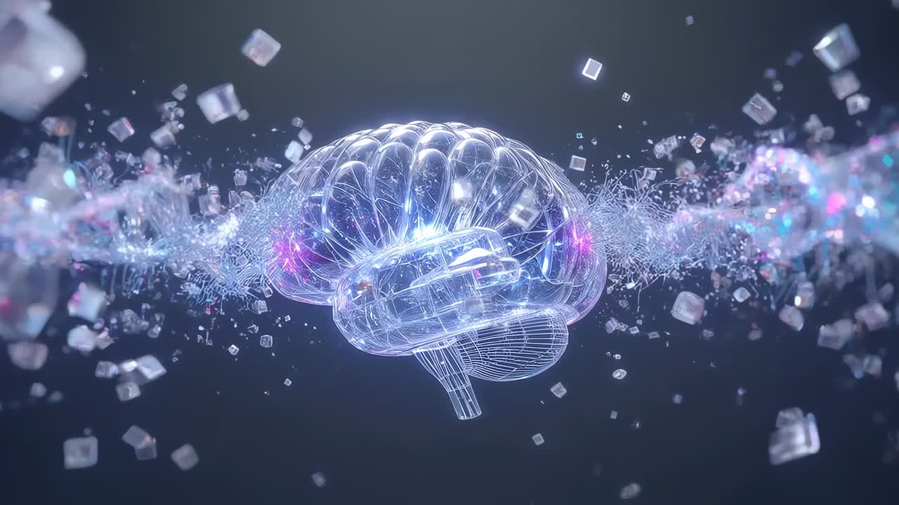 Nastro di particelle che forma un cervello olografico scintillante con fili pulsanti e nodi rosa nel vuoto oscuro che mostra il flusso