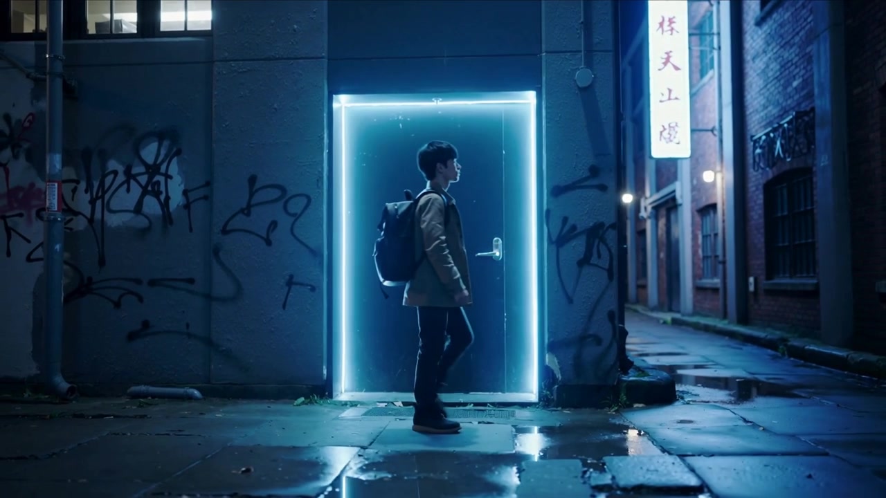 Un homme asiatique marchant, portant une veste et un sac à dos, un néon bleu l'attirant au-delà d'une porte dans une allée éclairée.