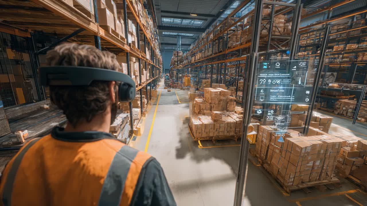 Optimizing Warehouse Operations with Augmented Reality: A Worker in an Industrial Storage Facility Uses Cutting-Edge Headset Technology to Manage Inventory and Streamline Processes for Enhanced Efficiency and Productivity