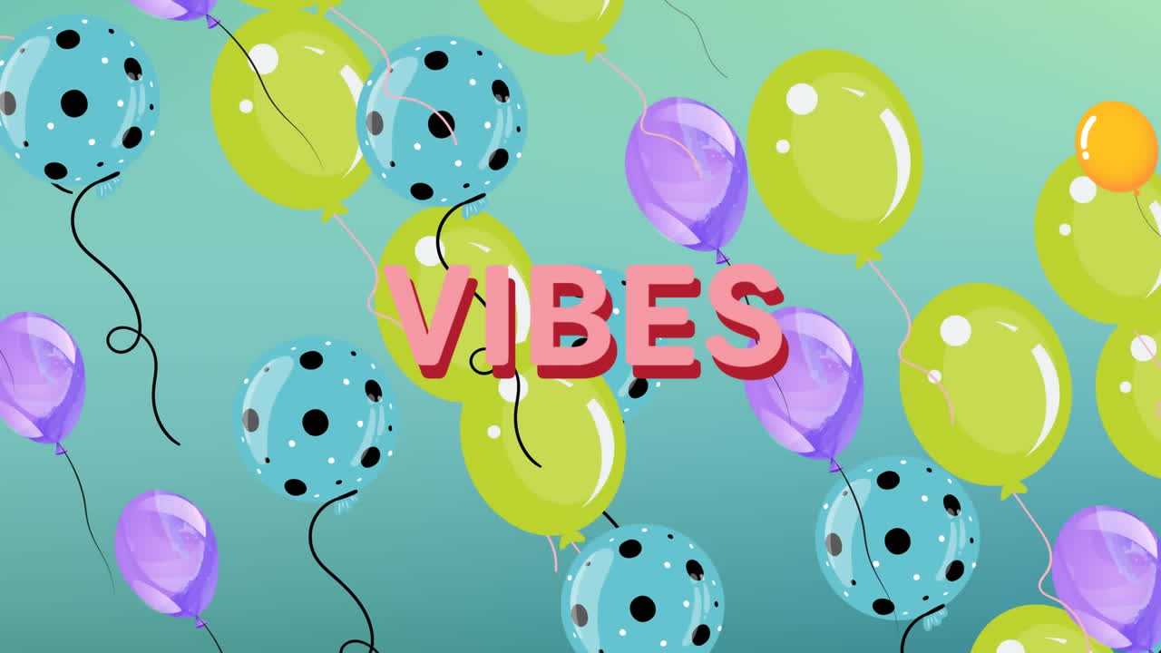animación de las vibraciones de la palabra en rosa con globos flotantes en azul