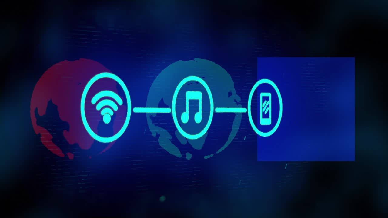 wi-fi, música y iconos de teléfonos inteligentes conectados por líneas, animación de conectividad digital